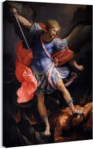 artprints1stop - Arte de pared en lienzo - Arcángel Miguel pisoteando a Satanás por Guido Reni - 12x18 pulgadas