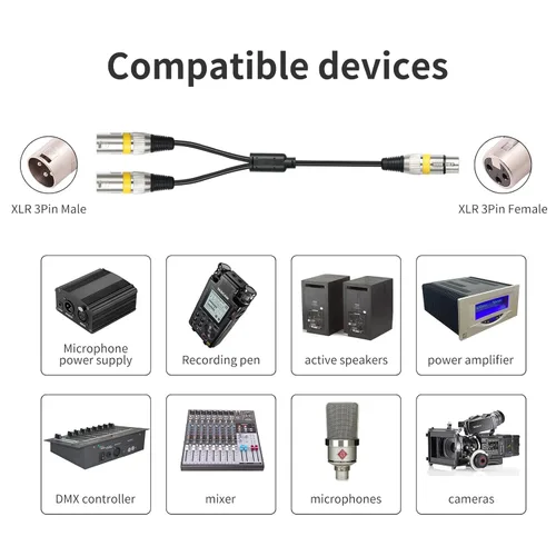 Miniatura 2 de Paquete de 5 cables divisores XLR hembra a doble macho en Y, hembra a 2 machos 3 pines XLR Y, divisor de 3 pines 1 F a 2 M para mezclador de 1 XLR F
