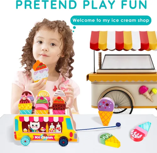 Miniatura 9 de HELLOWOOD Camión de helados de madera, 28 piezas magnéticas de helados dulces, alimentos y accesorios, juguetes Montessori de clasificación