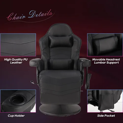 Miniatura 5 de Sillas de Juego para Adultos, Silla de Juego Reclinable con Reposapiés, Silla de Juego de Vídeo de Masaje Reclinable con Altura Ajustable, Silla