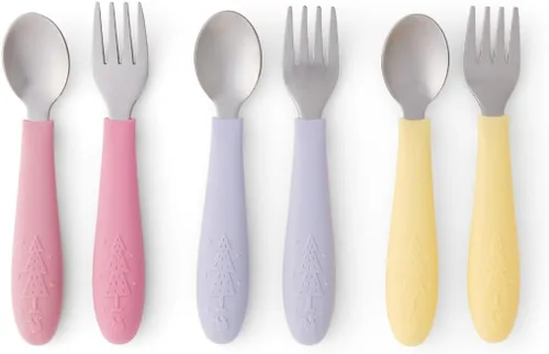 Elk and Friends cubiertos para niños con mango de silicona | Cubiertos seguros para niños | Utensilios para niños pequeños | Cucharas y tenedores