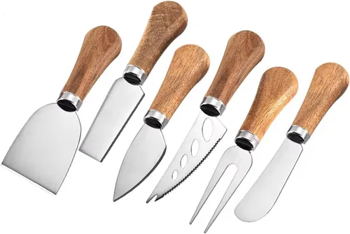 Juego de 6 cuchillos de queso con mango de madera, juego de cuchillos de queso de acero inoxidable mini para charcutería y queso untable, pinzas