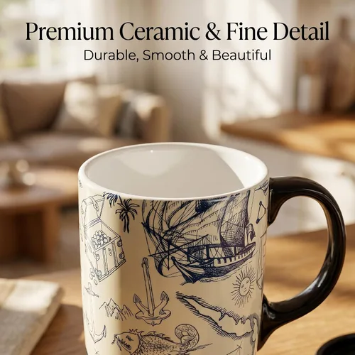Miniatura 5 de Taza de cerámica Topadorn de porcelana para café con leche y té con caja de regalo, 17oz. Taza de viaje con tapa, estilo de navegación vintage Azul
