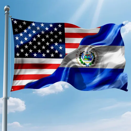 Banderas de Estados Unidos de América Americana y El Salvador Salvadoreña de 3x5 Pies Impresas por Ambos Lados con 2 Ojales de Latón Tela de Estados