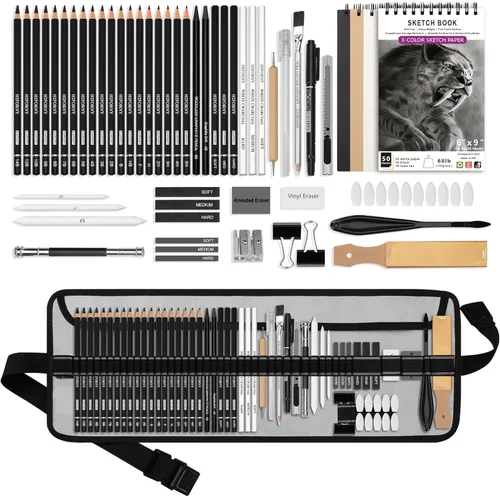 HIFORNY Juego de 60 lápices de dibujo, lápices de bocetos, suministros de arte con cuaderno de bocetos de 3 colores, grafito, carbón, lápices de