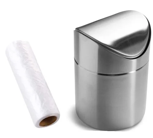 Miniatura 5 de Juego de 2 botes de basura mini de encimera de acero inoxidable cepillado con tapa oscilante, viene con bolsa de basura, 1.5 L / 0.40 galones
