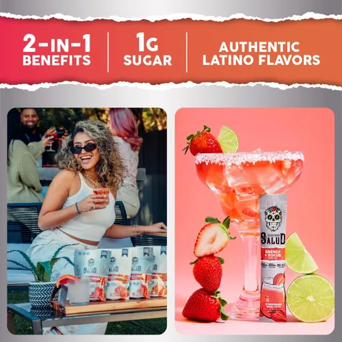 Miniatura 2 de Salud 2-en-1 Polvo de Bebida Energética + Enfoque, Margarita de Fresa, Cafeína Orgánica, B6 + B12, Teanina, Paquetes de Bebida Energética Limpia