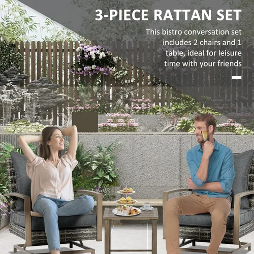 Miniatura 5 de Outsunny Juego de 3 piezas de mimbre para patio con cojines, marco de aluminio, muebles de conversación de ratán de polietileno para exteriores