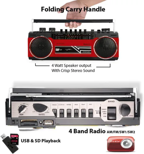 Miniatura 3 de Riptunes Boombox de cassette, Boombox retro Bluetooth, reproductor y grabador de cassette, radio AM/FM/SW-1-SW2 de 4 bandas, USB, SD y entrada Negro