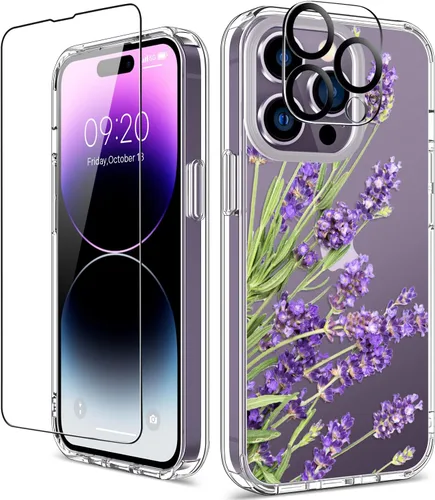 Miniatura 20 de Funda para iPhone 14 Pro con protector de pantalla, 6.1 pulgadas, transparente de cuerpo completo, a prueba de golpes, diseño floral, para niñas