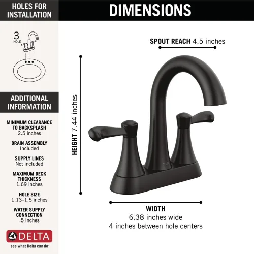 Miniatura 5 de Delta 25897LF Esato 1.2 GPM Grifo de baño central de dos manijas con montaje de drenaje emergente de empuje - negro mate