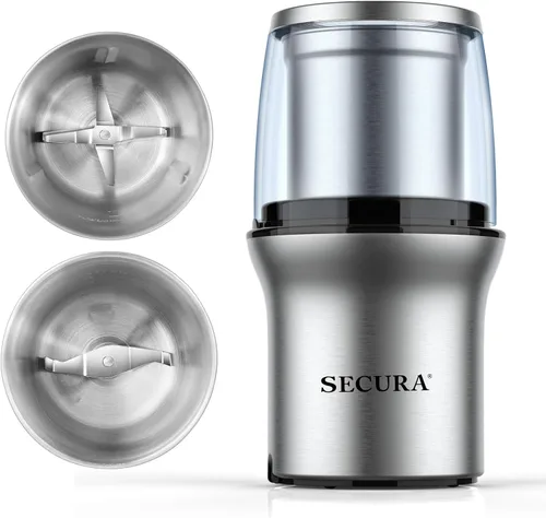 Secura Molinillo de café eléctrico y molinillo de especias con 2 cuchillas de acero inoxidable cuencos extraíbles