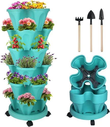 Miniatura 33 de Macetas apilables de polipropileno DUNCHATY, de 5 niveles, verde pino, para interior/exterior, 29" de altura x 13.6" de diámetro 2-1 Paquete