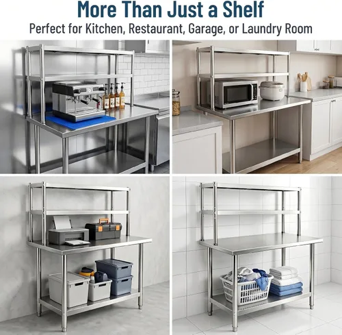 Miniatura 5 de KUARBARR Estante de encimera de acero inoxidable, estante de cocina de metal de 12 x 30 pulgadas, 2 niveles, estantes de acero inoxidable ajustables