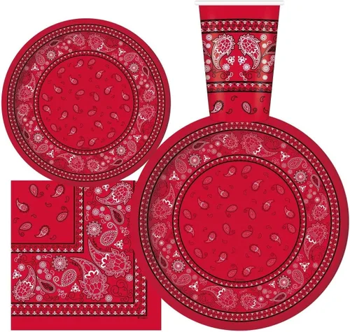 Oojami Sirve 24 – Bandana roja suministros para fiesta occidental – Paquete completo de fiesta con platos llanos de 9 pulgadas, platos de postre de