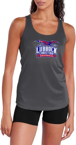 Miniatura 219 de Camiseta deportiva sin mangas oficial de la NCAA Collegiate para mujer, con espalda cruzada, logotipo primario, colección carbón