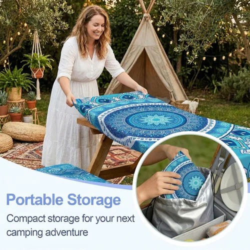 Miniatura 6 de Funda de mesa de picnic con fundas para bancos Esenciales de camping Mantel de picnic impermeable y a prueba de viento con bolsa de cordón, funda