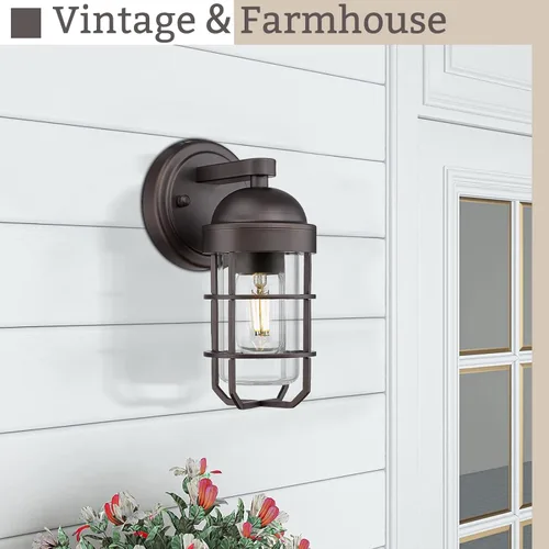 Miniatura 3 de Emliviar Lámpara de pared para exterior estilo casa de campo, lámpara de pared exterior clásica, jaula de metal industrial náutica con vidrio