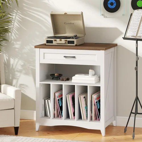 Miniatura 7 de RALGEND Soporte grande para tocadiscos con estación de carga, armario de almacenamiento de discos de vinilo con cajón y LED, mesa giratoria