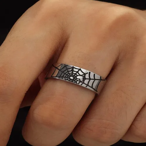 Miniatura 3 de Jude Jewelers Anillo de boda de acero inoxidable de 0.315 in con patrón de telaraña para cóctel, fiesta, Halloween, vacaciones