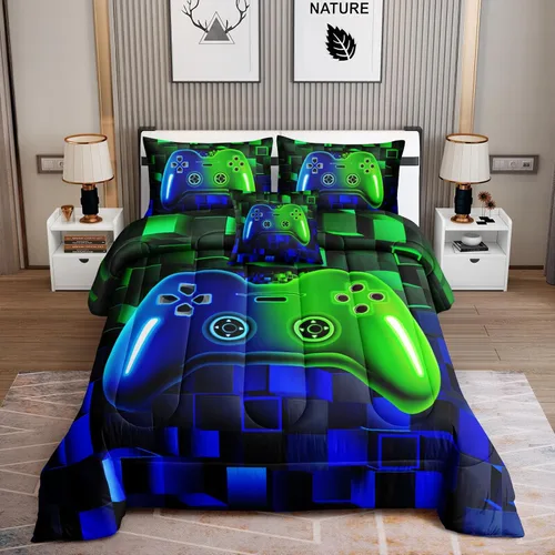 Miniatura 7 de ROWADALO Juego de ropa de cama de 5 piezas para niños, juego de edredón para jugadores en una bolsa, juego completo con edredón, sábanas, sábana