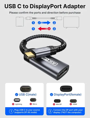 Miniatura 4 de JSAUX Adaptador USB C a DisplayPort 4K a 60Hz, tipo C a puerto de pantalla, adaptador de cable compatible con iPhone 17 Pro/16/15, MacBook Pro 2019