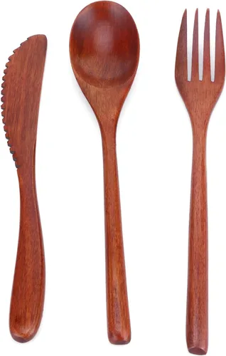 Miniatura 7 de Juego de cubiertos de madera Cuchara Tenedor Cuchillo Cubiertos de Madera Vajilla Vajilla Portátil con Bolsa