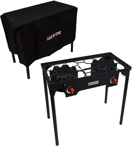 GasOne - Estufa de campamento de propano de dos quemadores con cubierta para exteriores, doble quemador de propano de alta presión, color rojo QCC
