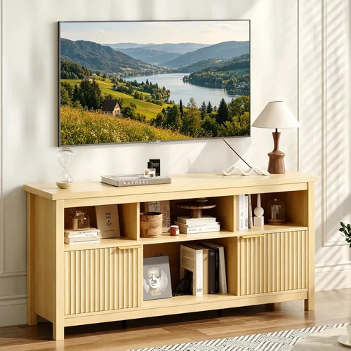 Miniatura 16 de VINGLI Soporte de TV acanalado de 58 pulgadas para televisores de hasta 70 pulgadas, moderno soporte de TV con almacenamiento y estantes ajustables