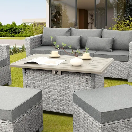 Miniatura 3 de WAROOM Fogata de propano para exteriores, mesa de fogata de patio de mimbre PE de 43 pulgadas con protector contra el viento de vidrio, vidrio