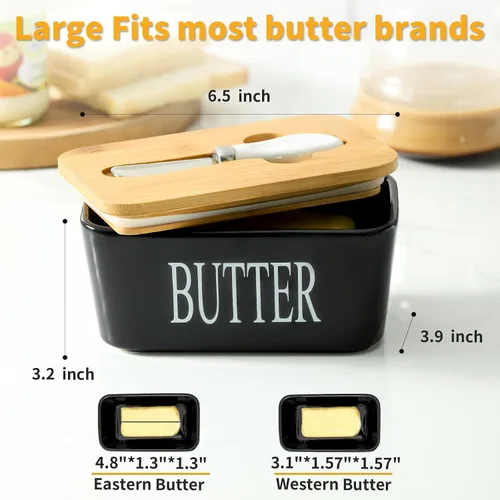 Miniatura 2 de Hasense Mantequillera con Tapa, Plato de Mantequilla de Cerámica con Cuchillo para Encimera, Recipiente Hermético Cubierto para Mantener Negro