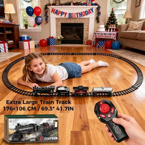 Miniatura 5 de Juego de tren eléctrico con control remoto de Navidad, locomotora de vapor, vagón de carga y pistas, juguetes de tren recargables para niños con 3
