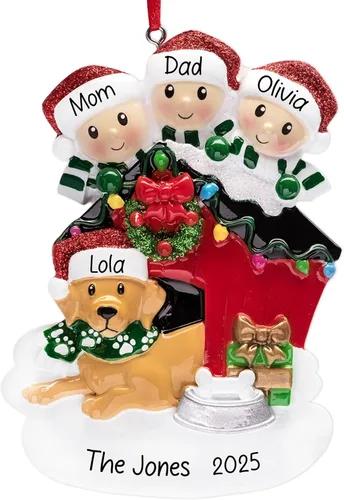 Miniatura 12 de Adorno de Navidad personalizado para familia de 6 con perro 2026 Padres, niños y cachorros con caseta para perros, decoración personalizada
