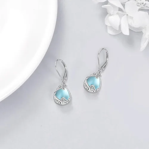 Miniatura 135 de Aretes colgantes con forma de lágrima de filigrana de piedra lunar de plata de ley 925 con cierre de palanca para mujer, regalos de joyería