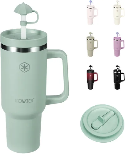 Miniatura 10 de ICEWATER Vaso de 40 onzas con 2 tapas (tapa y popote estándar), vaso aislado 100% a prueba de fugas con asa, apto para portavasos, botella de agua