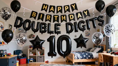 Miniatura 2 de Decoraciones de cumpleaños número 10 para niños, decoración negra de papel de aluminio de doble dígito, pancarta negra número 10 con globos