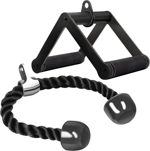 Miniatura 7 de Accesorio de cable de doble mango en D para entrenamiento con pesas, de acero con empuñadura de goma antideslizante (negro)