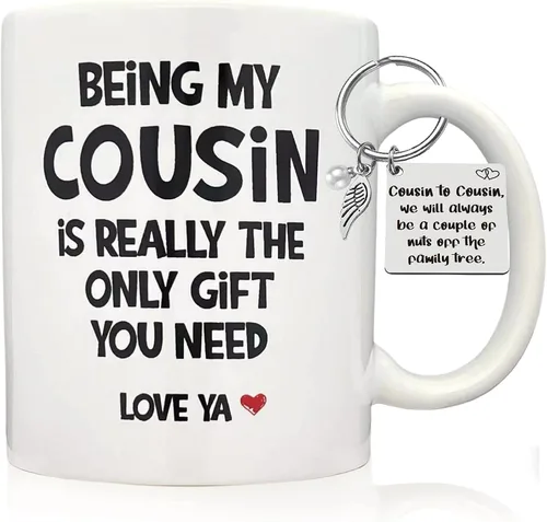 Divertido regalo para primas para mujer, taza de cerámica de 11 onzas, llavero para prima, regalo de cumpleaños para prima, taza de primo favorito,