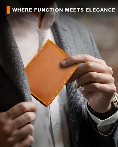Miniatura 43 de Billetera AirTag para hombre, de piel auténtica plegable con bloqueo Rfid AirTag con ranuras para efectivo y ventana de identificación, compatible