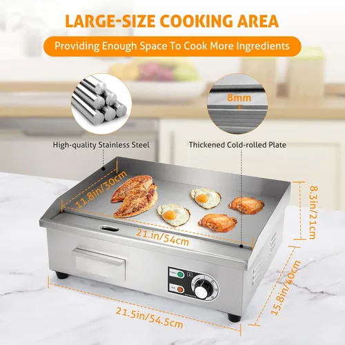 Miniatura 3 de WICHEMI Plancha Eléctrica Comercial de 22" 3000W Parrilla de Superficie Plana Plancha de Encimera de Acero Inoxidable Parrilla Teppanyaki con Placa
