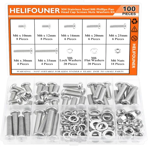 Miniatura 21 de HELIFOUNER 120 piezas M6 x 0.394 in /0.472 in /0.630 in /0.787 in /0.984 in /1.181 in /1.378 in, cabeza hexagonal, tornillos, arandelas, tuercas