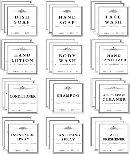 36 etiquetas impermeables para botellas, loción de jabón de manos, dispensador de champú y acondicionador, etiquetas de baño de limpieza extraíbles