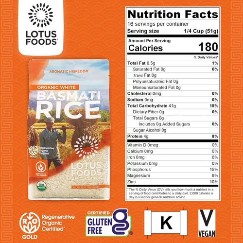 Miniatura 2 de Lotus Foods Regenerative - Arroz basmati blanco orgánico – Arroz blanco de grano largo sin gluten, vegano, sin OMG, uso para curry, salteados, pudín