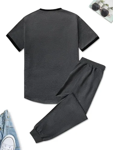 Miniatura 3 de MakeMeChic Conjunto casual de 2 piezas para hombre, camiseta de manga corta con cordón en la cintura