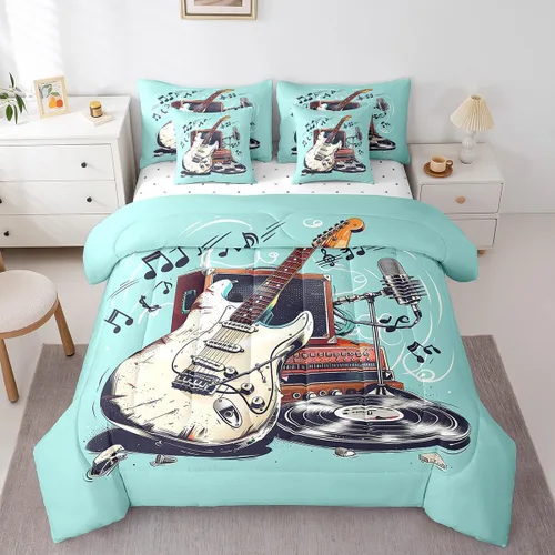 Miniatura 13 de Erosebridal Juego de edredón de 7 piezas con diseño de piano, cama Queen en una bolsa, juego de ropa de cama retro con notación musical de guitarra