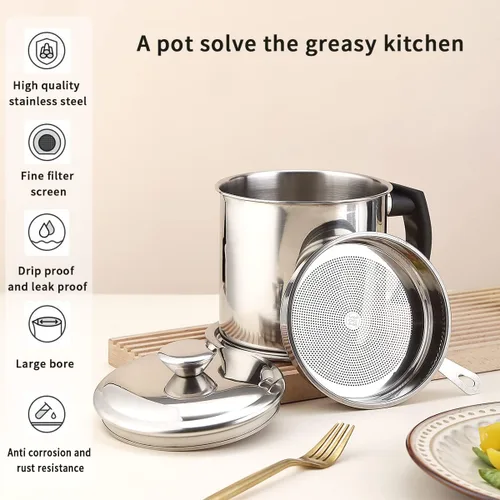 Miniatura 7 de Kyraton Contenedor de Grasa de Tocino con Colador, Recipiente de Aceite de Acero Inoxidable de 48 oz, Recipiente de Grasa de Olla con Tapa, Mango