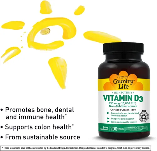 Miniatura 4 de Country Life Vitamina D3 10,000 UI – Fuente de alta potencia sin pescado – Apoyo óseo e inmunológico – Certificado sin gluten – 200 cápsulas blandas