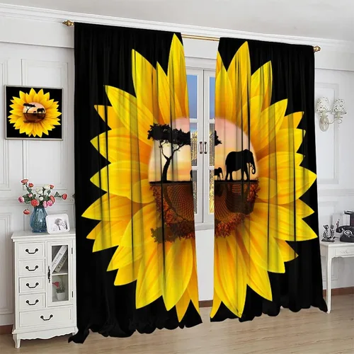 Miniatura 4 de Cortinas opacas de girasoles amarillos, vida silvestre, puesta de sol, tropical, sabana, safari, elefantes, estampado artístico, para decoración