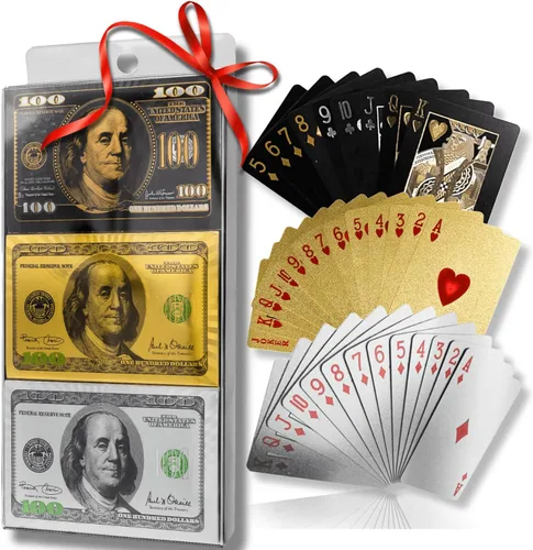 Miniatura 13 de Magic Kiss Cartas de póquer de papel de aluminio impermeables, baraja de naipes de plástico para regalo (3 barajas (oro + oro rosa + negro))