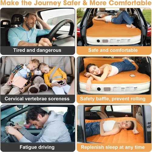 Miniatura 4 de KMZ Colchón de aire SUV con bomba incorporada y 2 almohadas, PVC flocado grueso, cama de aire de inflado rápido de 90 segundos, cama de aire Naranja